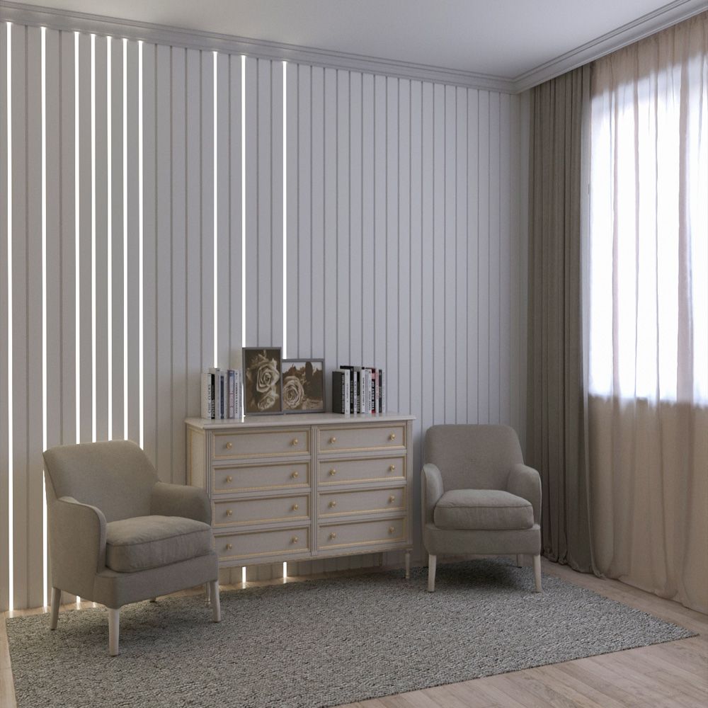 Гипсовая 3Д панель Рейка широкая в интерьере