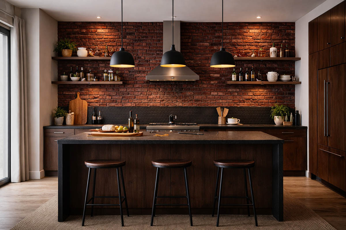 Декоративный кирпич Старая Прага темная охра в интерьере