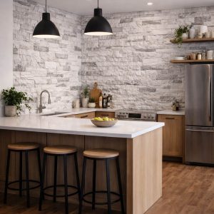 Гипсовый сланец Пещерная Брекчия белый микс в интерьере